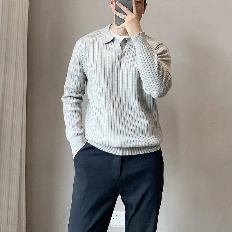 Boys modal rabbit fur knitted pullover sweater with striped lapel and long sleeves