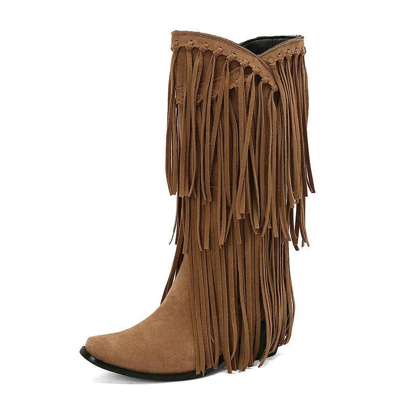 Women's beige suede knee-high boots with tassel, chunky heel, and square toe on a waterproof platform.