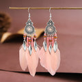 Feather pattern drop earrings with round oil craft design in alloy with electroplated finish