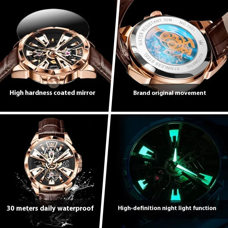 Men's automatic mechanical watch with hollow design, waterproof feature, 44mm barrel-shaped stainless steel case