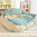 Morandi coloured removable washable pet kennel bed for dogs and cats, shown in two sizes.