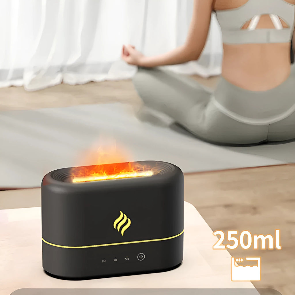 Black and white USB-powered humidifier with coloured flame LED light and aromatherapy function.