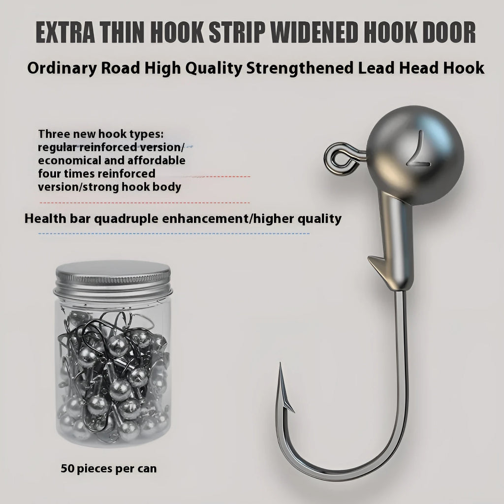 Set of 50 enhanced fishing jig hooks with lead heads and 4-times strengthened steel construction