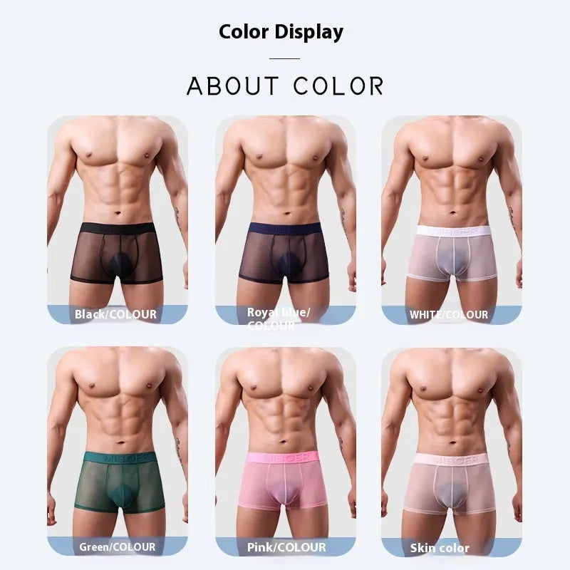 Men's thin invisible breathable boxer shorts in quick drying polyester fabric showing colour options