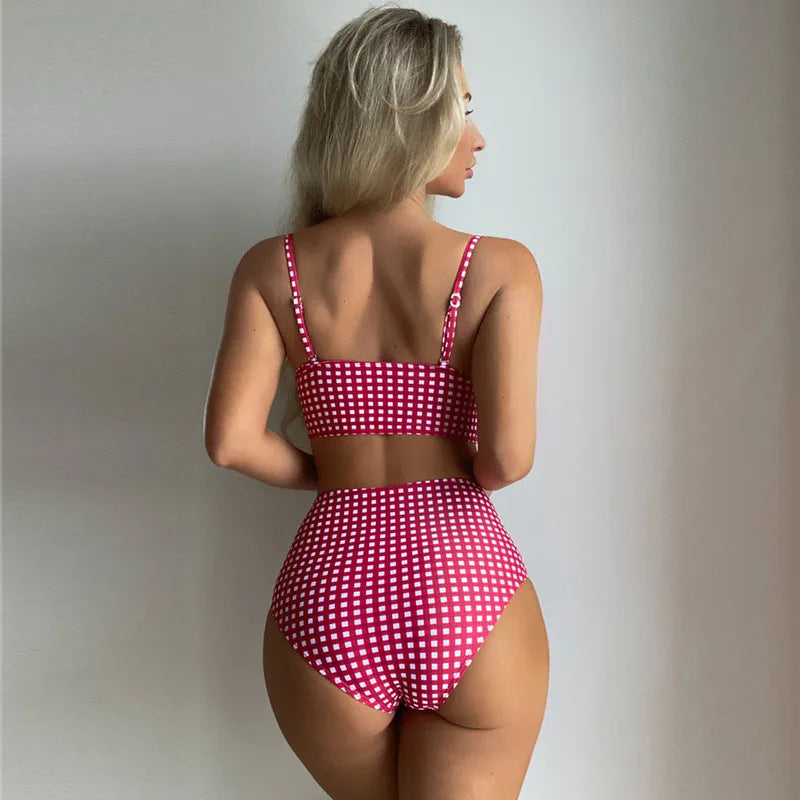 Women's high-waisted plaid split bikini swimsuit in polyester available in four colours