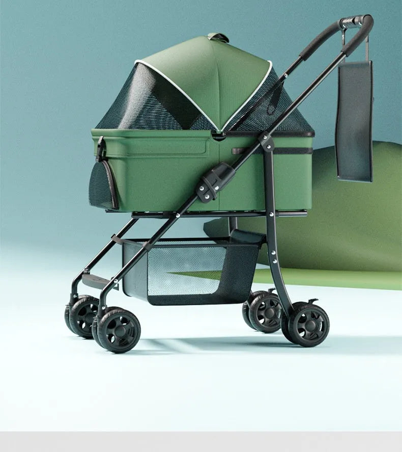 Black metal pet cart with folding frame and large transport capacity