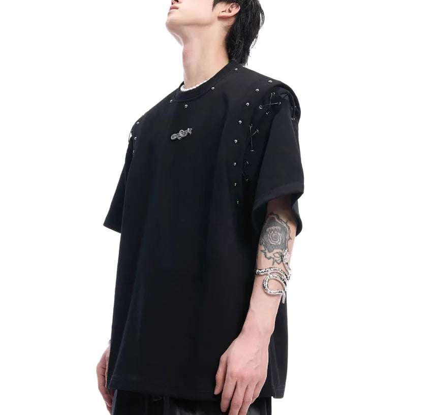 Black short sleeve T-shirt with a side cutout and white lace-up fastening detail.