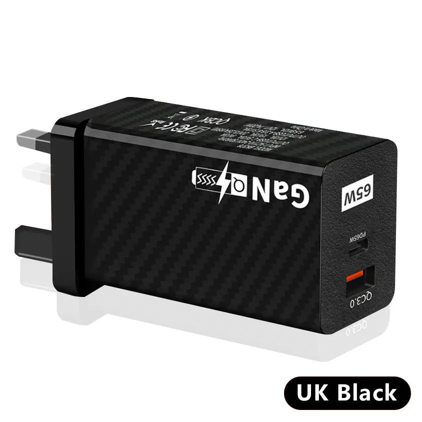 Gallium nitride 65W USB-PD laptop charger in black or white with compact dimensions and regional plug options