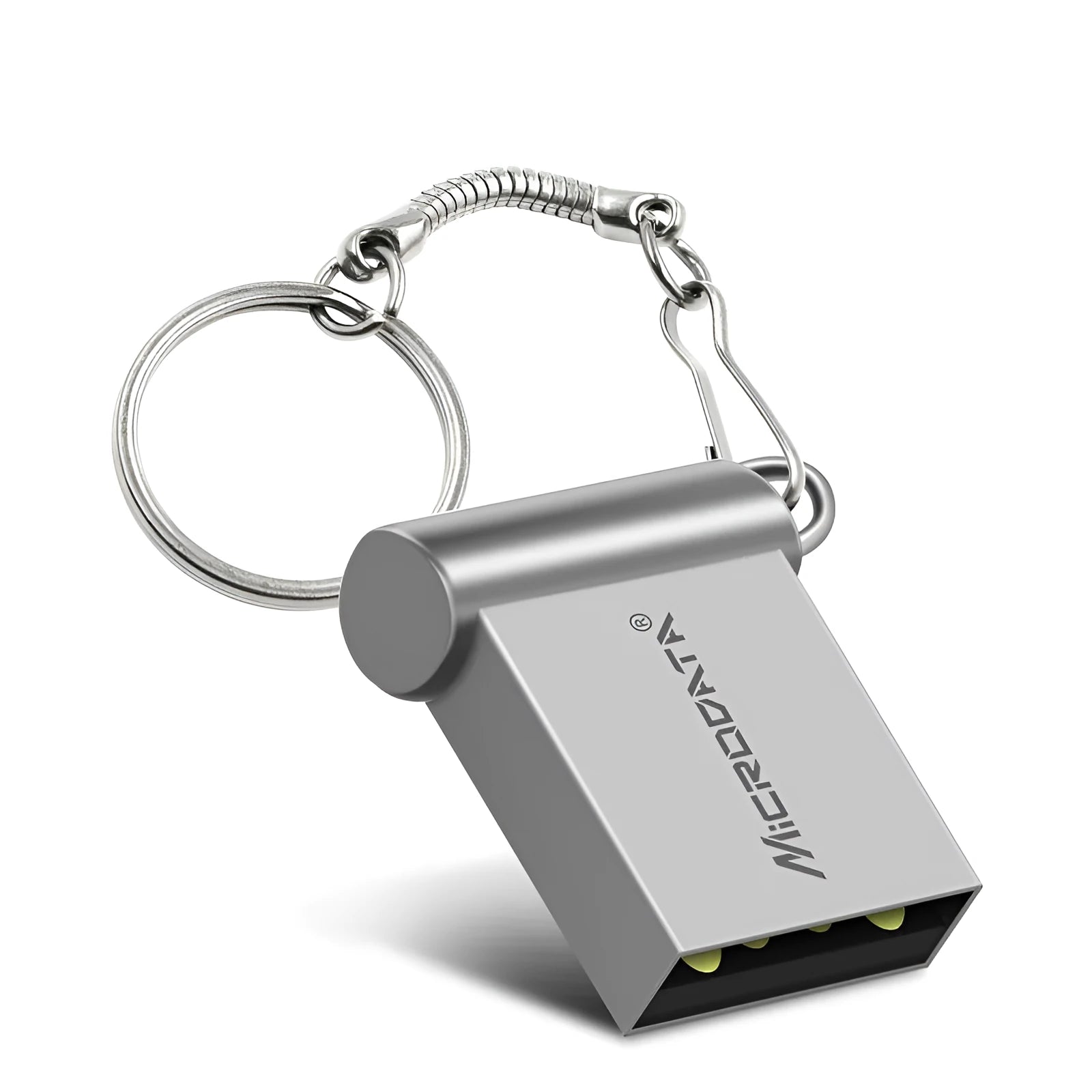 Miniature silver car-shaped metal USB flash drive on a necklace chain.