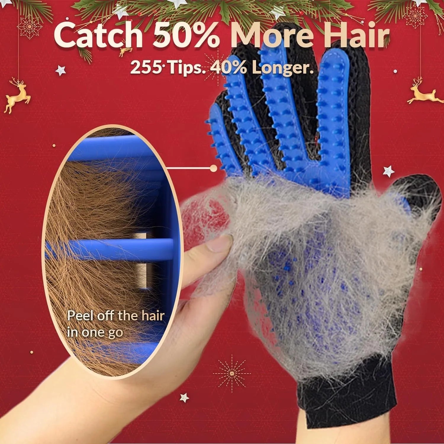 Blue pet grooming gloves with silicone tips for brushing and bathing dogs and cats.