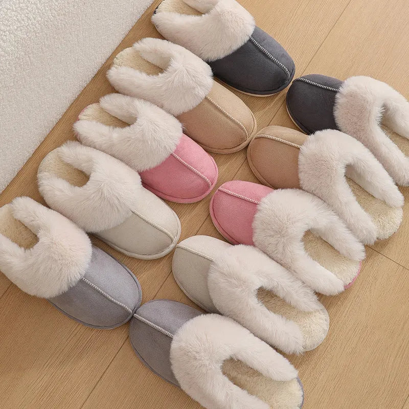 Brown women's plush indoor slippers with round toe, stitching detail, and flat non-slip sole.