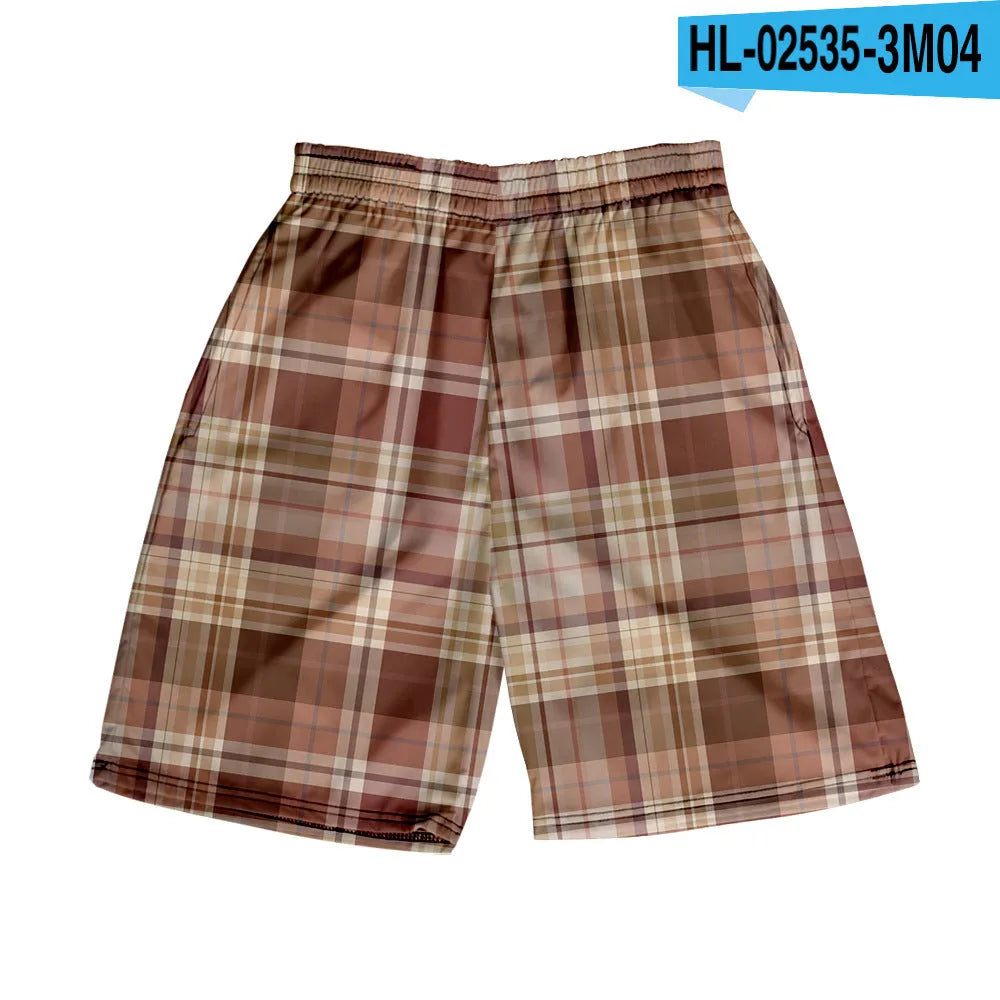 Man wearing plaid patterned polyester shorts with an elastic waistband, showcasing one of the twenty available colour options.
