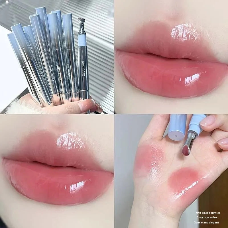 Mirror Water Light Fashion Personality Lip Gloss Lipstick case in one of six Ice shades: Almond, Silver, Pear, Raspberry, Peach Gum, or Pomegranate.