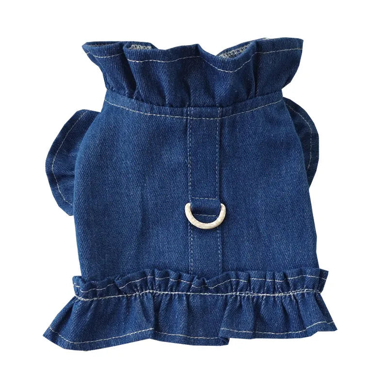 Dark blue denim pet dress with ruffles and a back leash hook for dogs