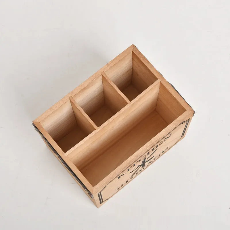 Wooden kitchen storage box with grid dividers for knives forks chopsticks