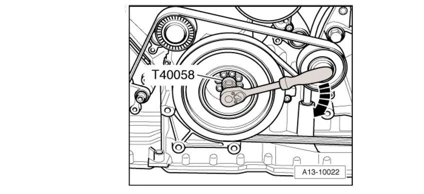 Aodi T40058 crankshaft rotating sleeve and adapter tool for Audi engine timing service.