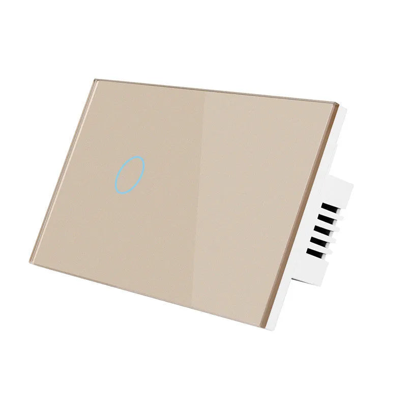 White two-gang RF touch light switch with tempered glass panel shown front on.