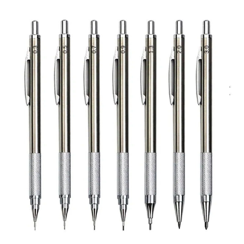 Metal automatic mechanical pencil shown with selection of compatible lead sizes including 0.5mm and 2.0mm.