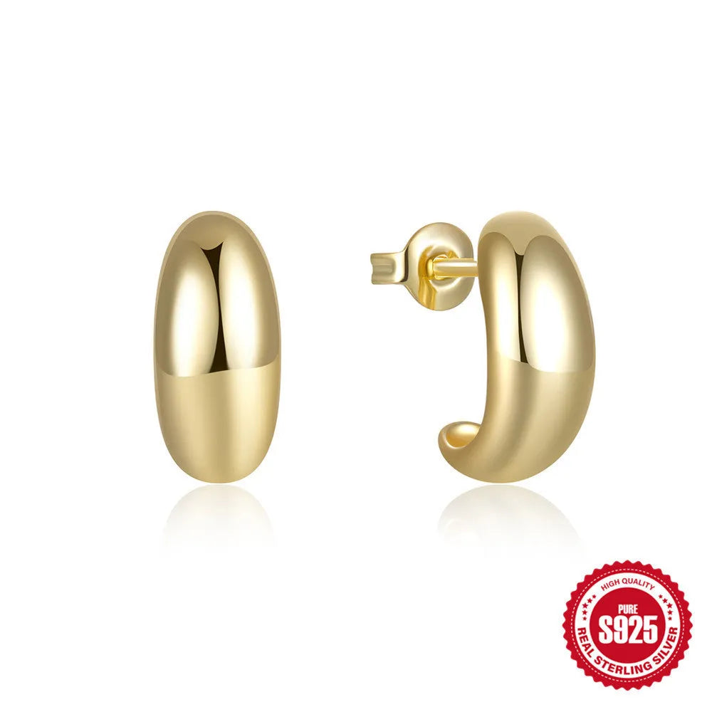 S925 sterling silver C-shaped geometric stud earrings with glossy electroplated gold or silver finish