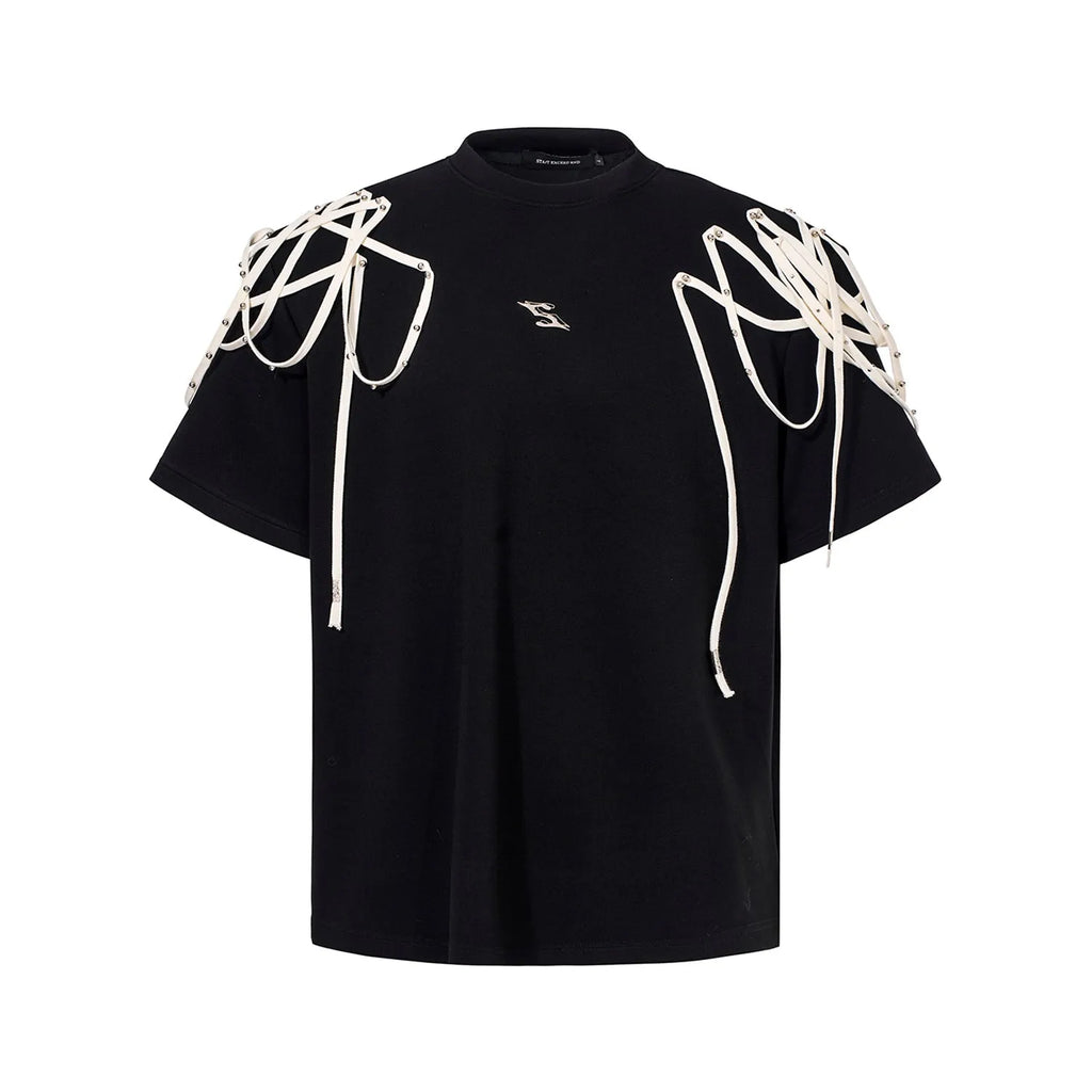 Black loose-fit short-sleeved T-shirt with a decorative rivet and ribbon padded shoulder detail.
