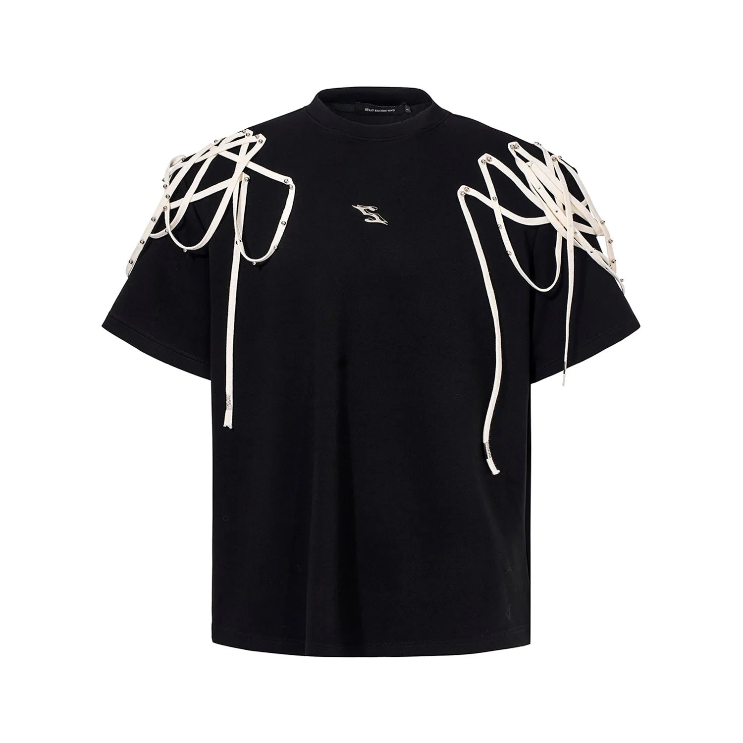 Black loose-fit short-sleeved T-shirt with a decorative rivet and ribbon padded shoulder detail.