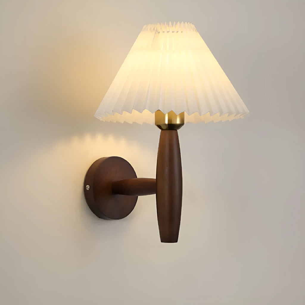 American retro style wooden wall lamp with fabric shade in walnut finish