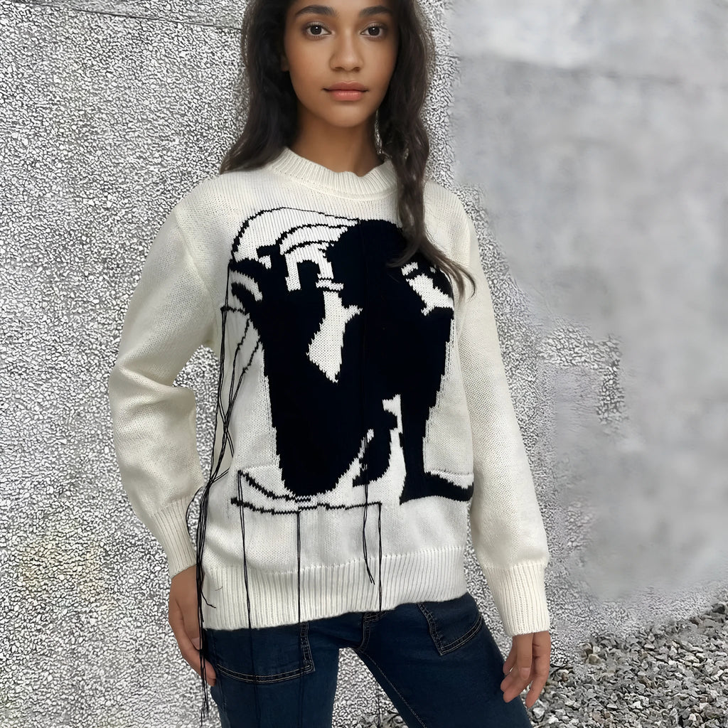 Women's grey alpaca wool sweater with abstract tassel design and round neck