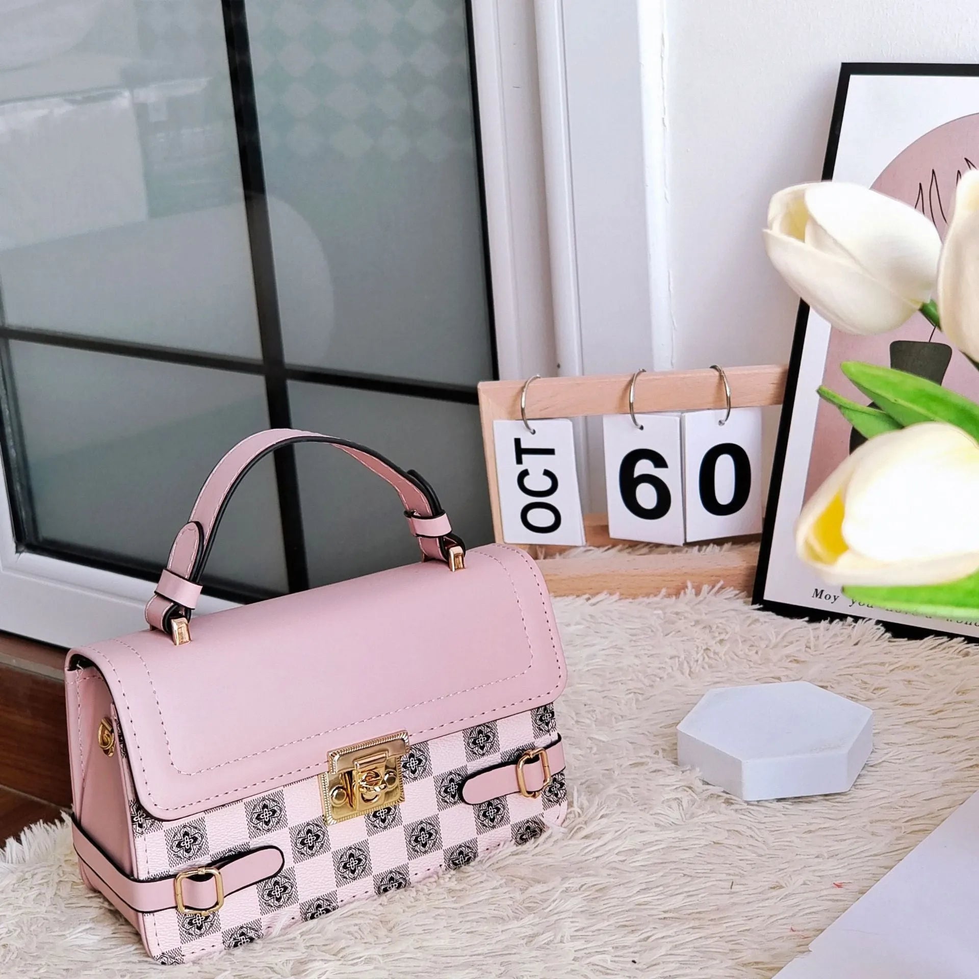 Retro small square ethnic pattern crossbody bag in apricot colour with floral stitching