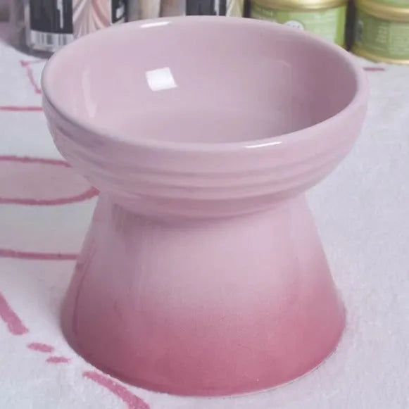 Black ceramic pet bowl with a raised foot and high neck guard for dogs and cats.