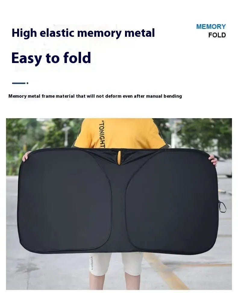 Aluminium foil car windscreen sunshade in titanium silver, shown folded and unfolded.