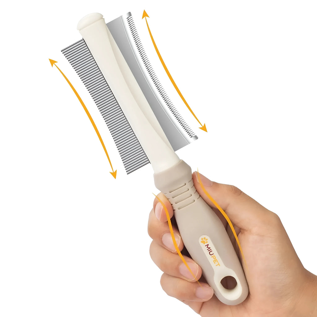 White double-sided pet deshedding brush and grooming comb with curved head and ergonomic handle.