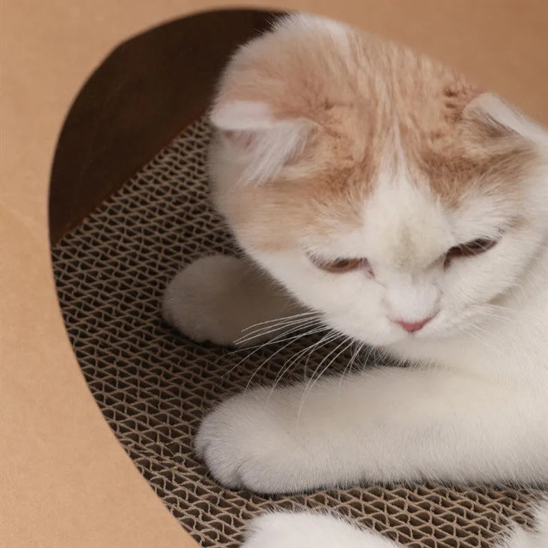 Brown cat nest paper bag with integrated scratch board and cardboard tunnel, dimensions 40cm by 30cm by 53cm.