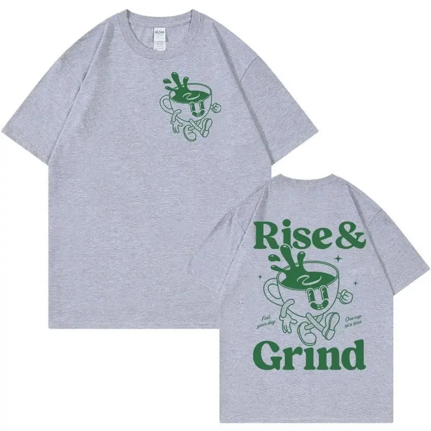 Loose fit linen t-shirt with Rise and Grind cartoon graphic print in multiple colours