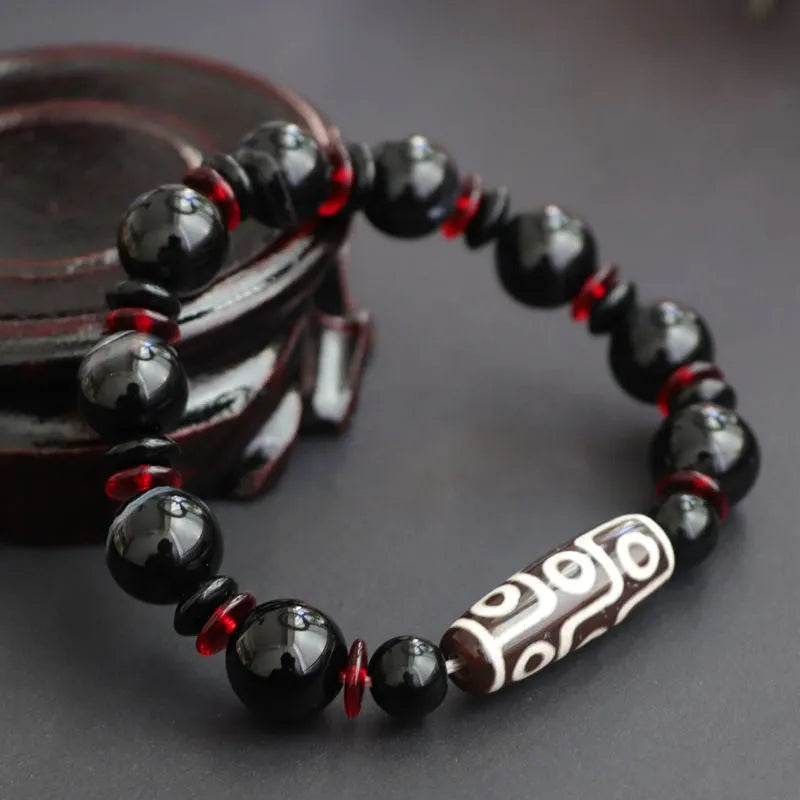 Hand-woven black agate Dzi bead bracelet with 11mm geometry-shaped stones