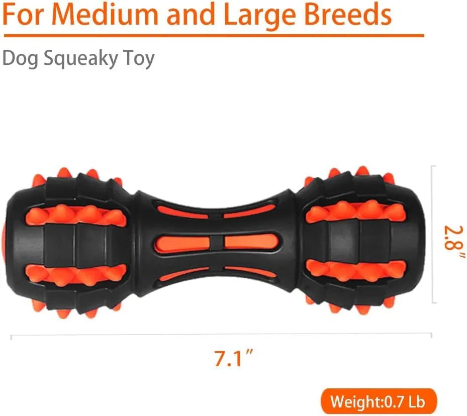Red rubber dumbbell-shaped dog chew toy with textured surface for dental cleaning
