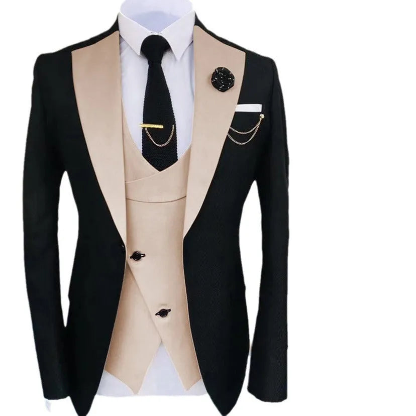 Men's slim fit three-piece business suit in black, shown with coat, vest, and trousers.