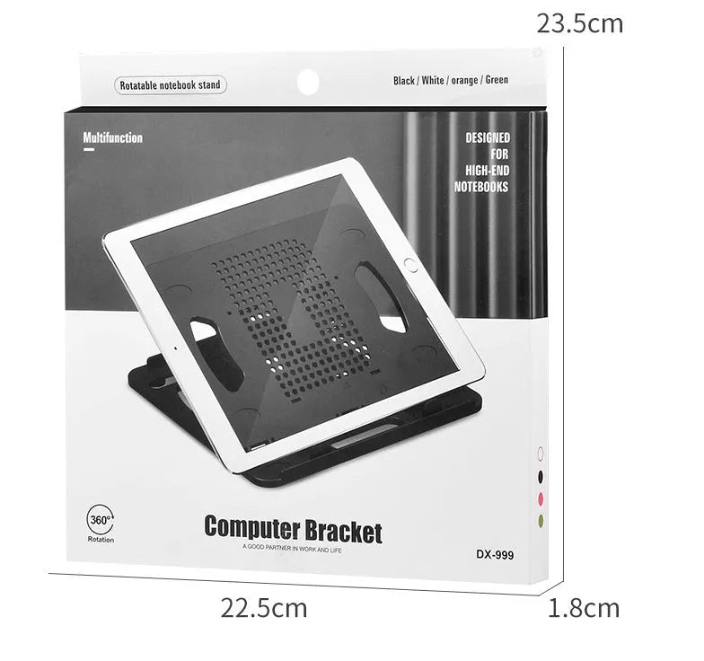 Adjustable ABS laptop and tablet cooling stand in black on a desktop