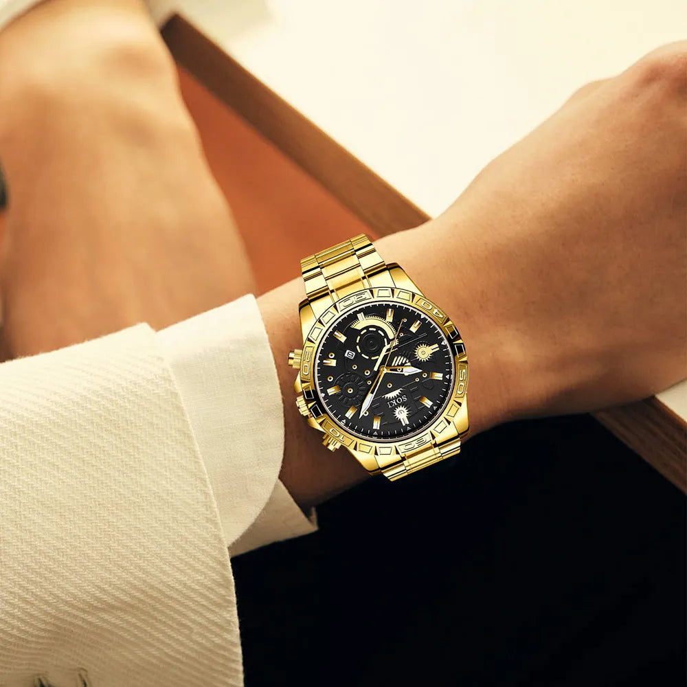Men's gold stainless steel business quartz watch with date display and steel strap