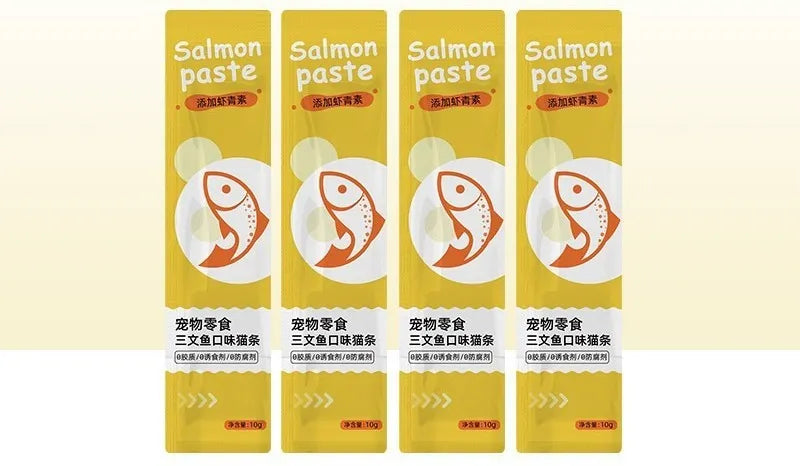 Pack of cat strip snacks showing four flavour varieties for adult cats