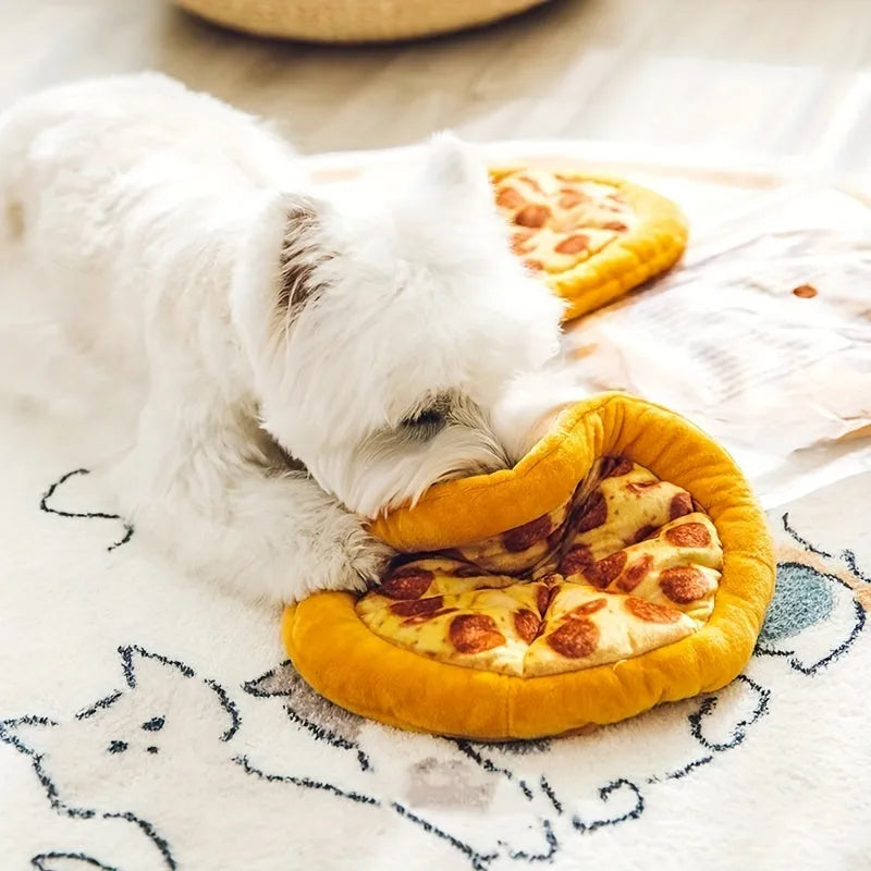 Yellow pizza-shaped squeaky dog toy for teeth grinding and chewing