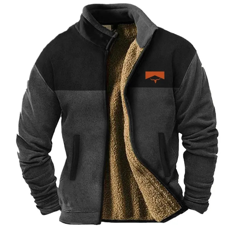 Men's green polyester fleece padded coat on a hanger, showing regular fit and front zip.