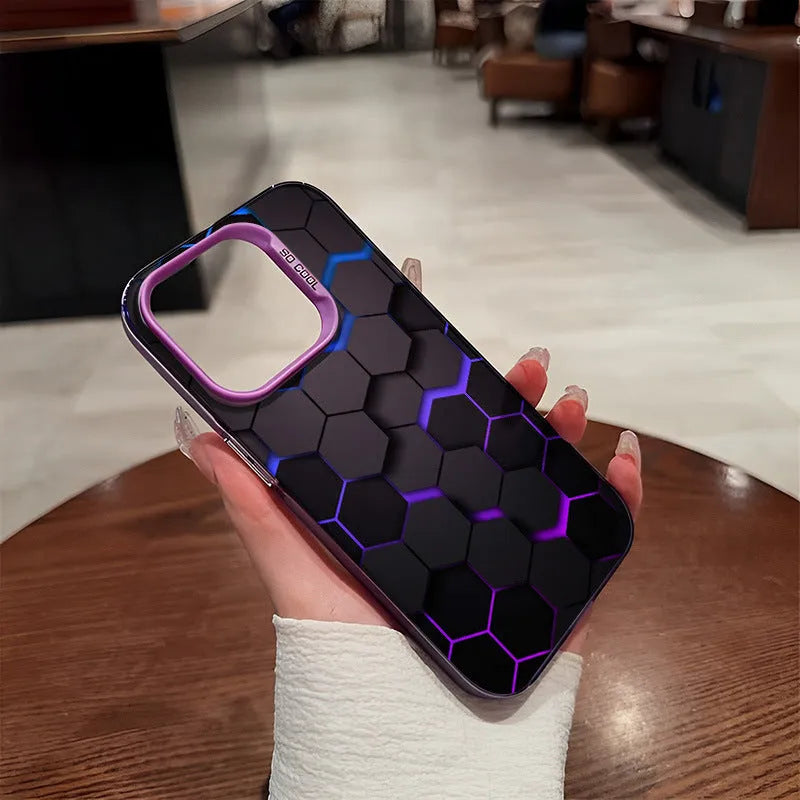 Frosted protective phone case for Apple iPhone with honeycomb square design in moonlight colours.