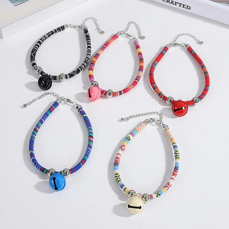 Ethnic pattern adjustable pet collar with bell attachment in multiple colour options