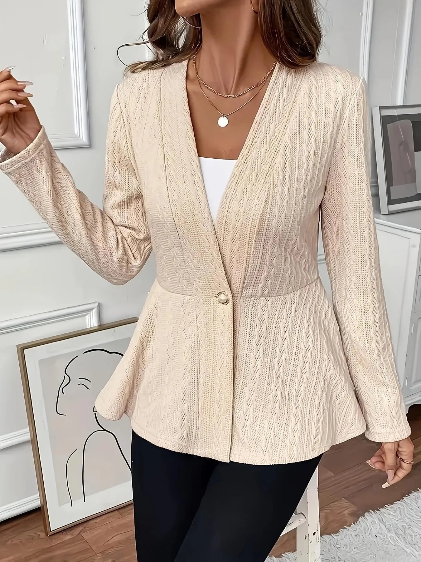 Women's apricot jacquard knitted cardigan with one button front and long sleeves