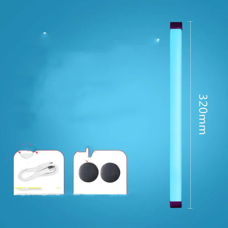 Blue and purple rechargeable LED tube night light with USB cable and dimmable switch.