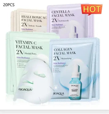 Single-use gel facial sheet mask in packaging, 30g collagen or hyaluronic acid formula.