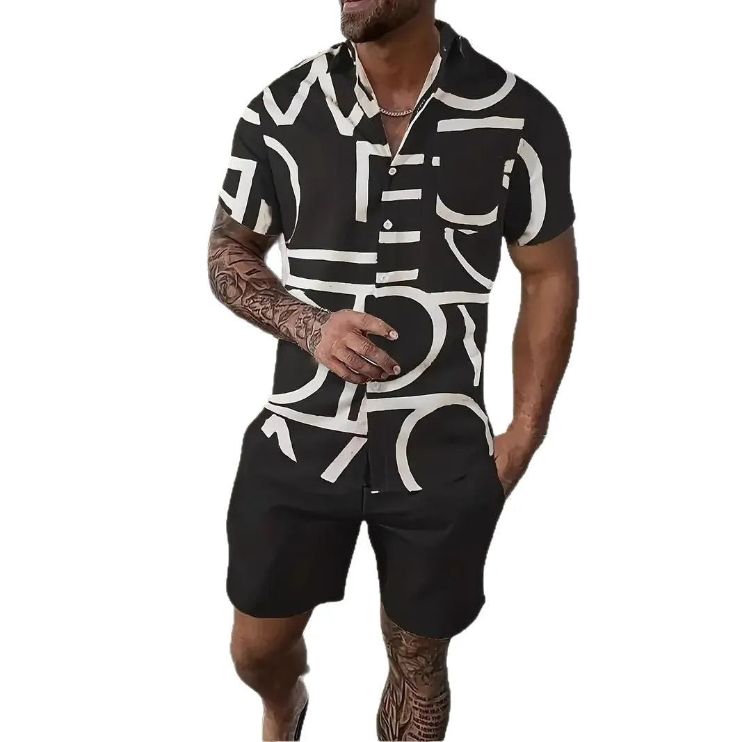 Men's 3D printed Hawaii-style short sleeve top and matching shorts casual summer suit