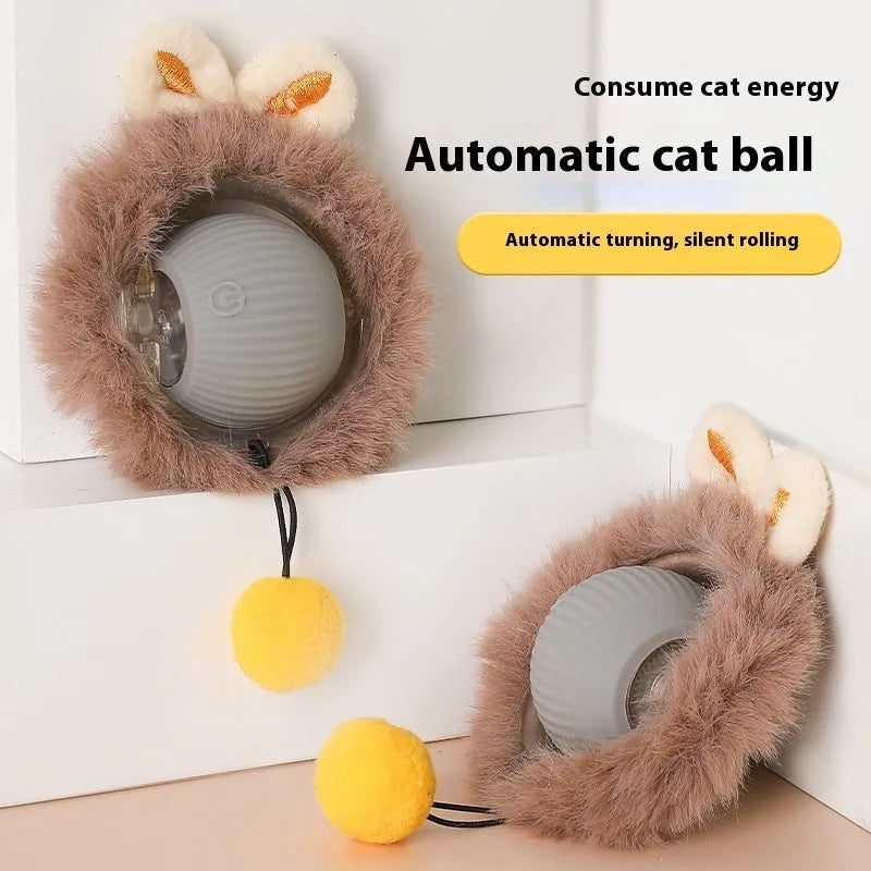 Silicone rolling ball cat toy with a plush cat ball attachment in red, green, or grey colour.