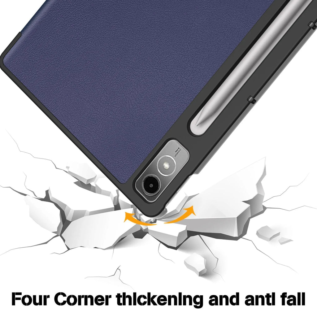LenovoTab P12 12.7-inch protective case in a three-fold stand position, showing a magnetic closure and a printed design.
