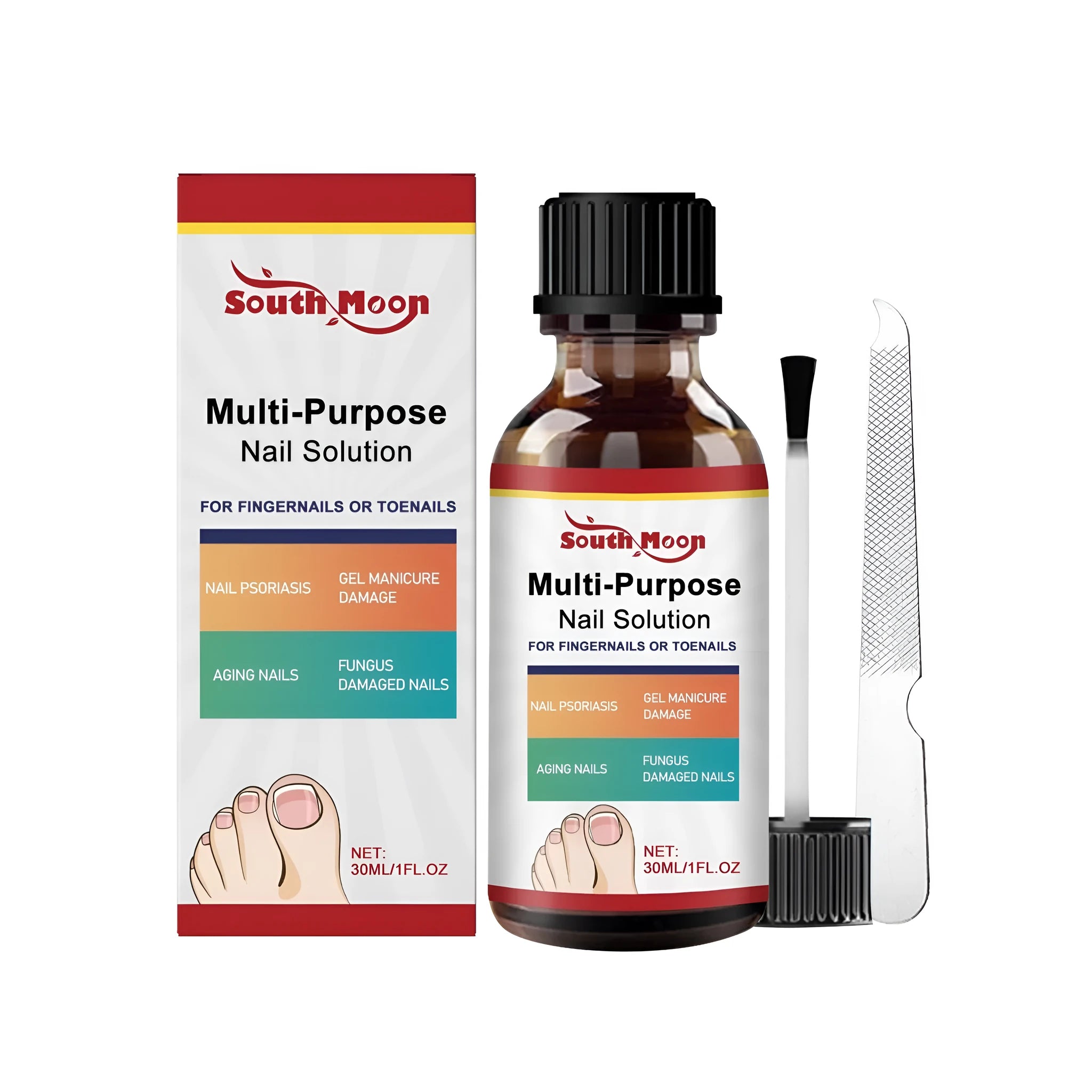 30ml bottle of natural nail care solution with tea tree oil and included nail file for cuticle maintenance